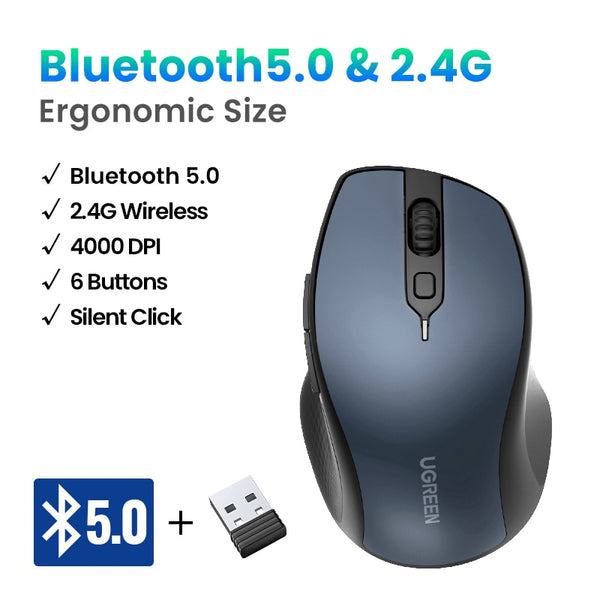 UGREEN Wireless Mouse Bluetooth 5.0 Silent Mouse Ergonomic 4000 DPI 6 Mute Buttons For MacBook Tablet Laptops PC 2.4GHz Mice