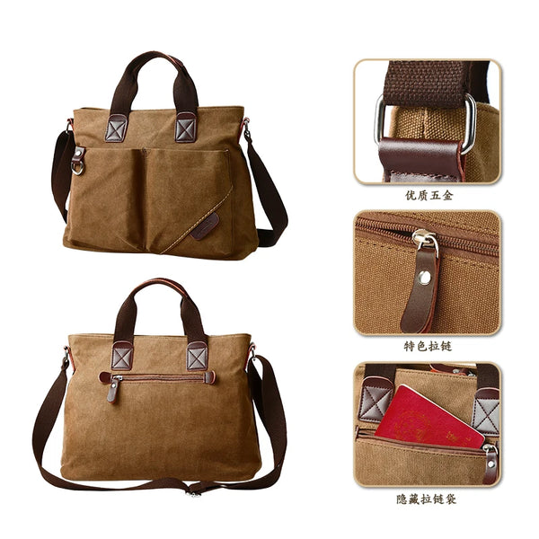 Canvas Men Handbag 14 inch Laptop Briefcase Vintage Solid Color Shoulder Bag Large Capacity Business Retro Messenger Bags